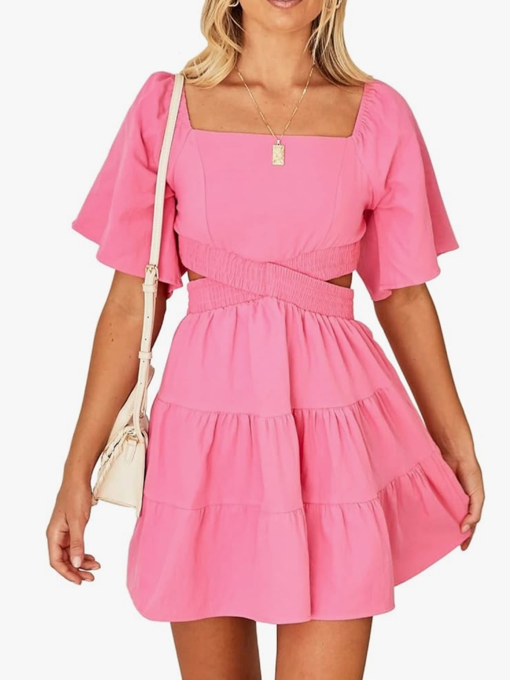Women’s Pink Square-Neck Tiered Dress